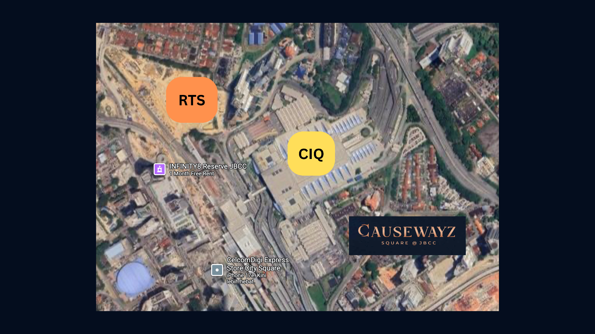 Close-up satellite view of RTS, CIQ and Causewayz Square